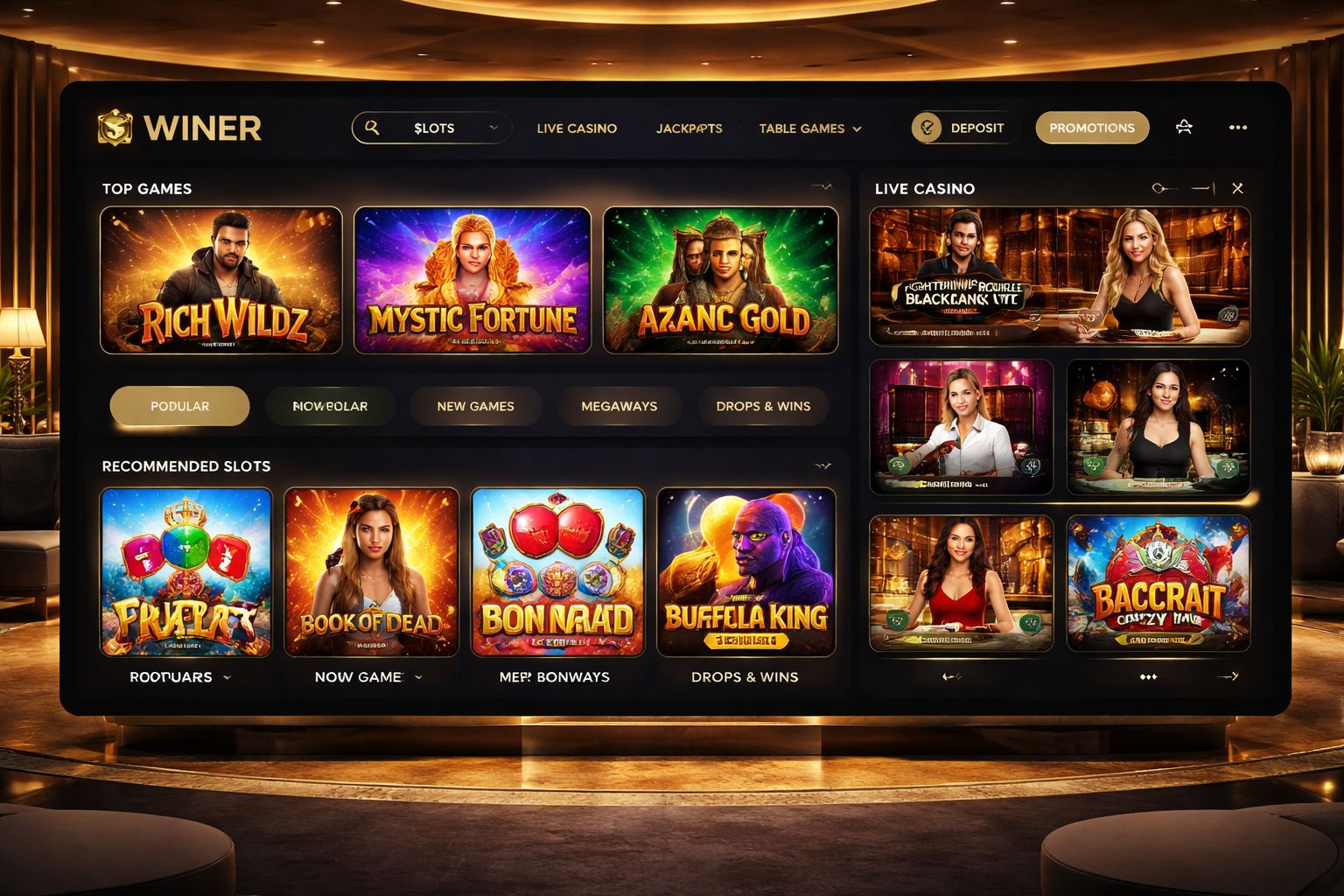 Interfaz de juego de WINER Casino con categorías de casino destacadas y navegación fluida