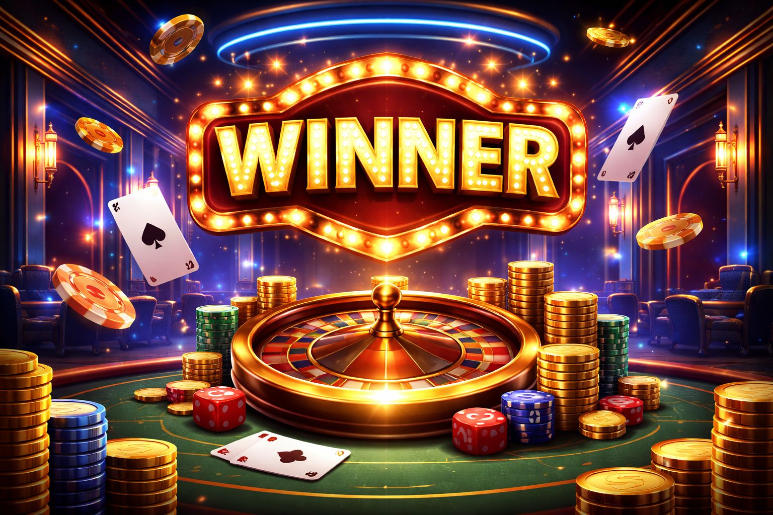 Salón de juegos WINER estilizado con fichas brillantes, cartas, detalles de ruleta y un letrero brillante de la marca.