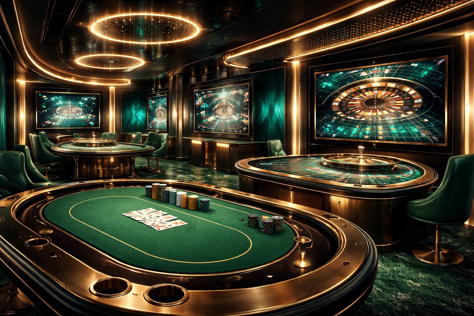 Configuración moderna de casino en vivo con pantalla de jugador mostrando cartas, visuales de ruleta e iluminación de estudio.