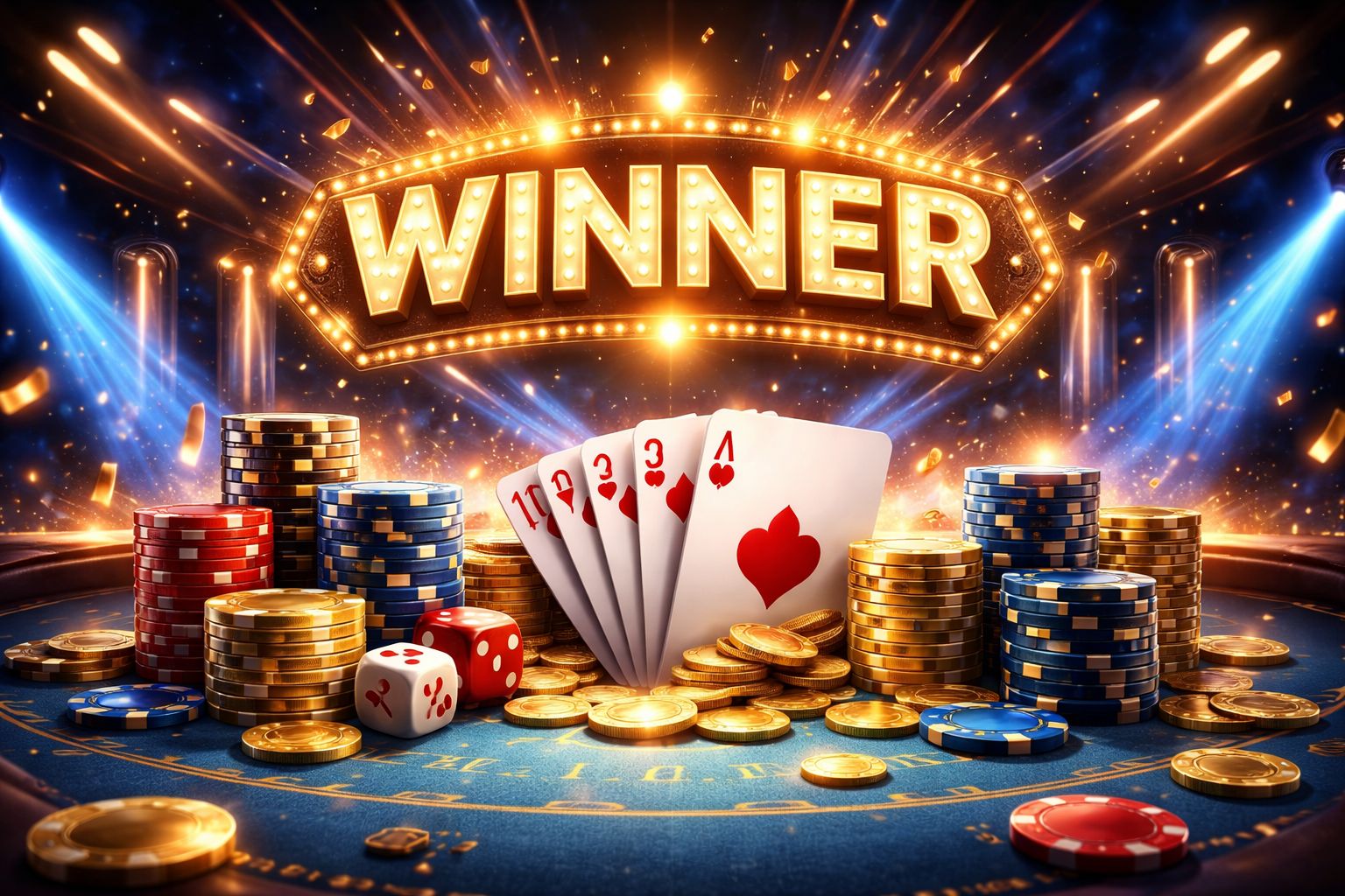 Una escena digital vívida de casino para WINER con fichas brillantes, cartas, monedas y una pantalla de marca luminosa en un ambiente moderno de juegos.