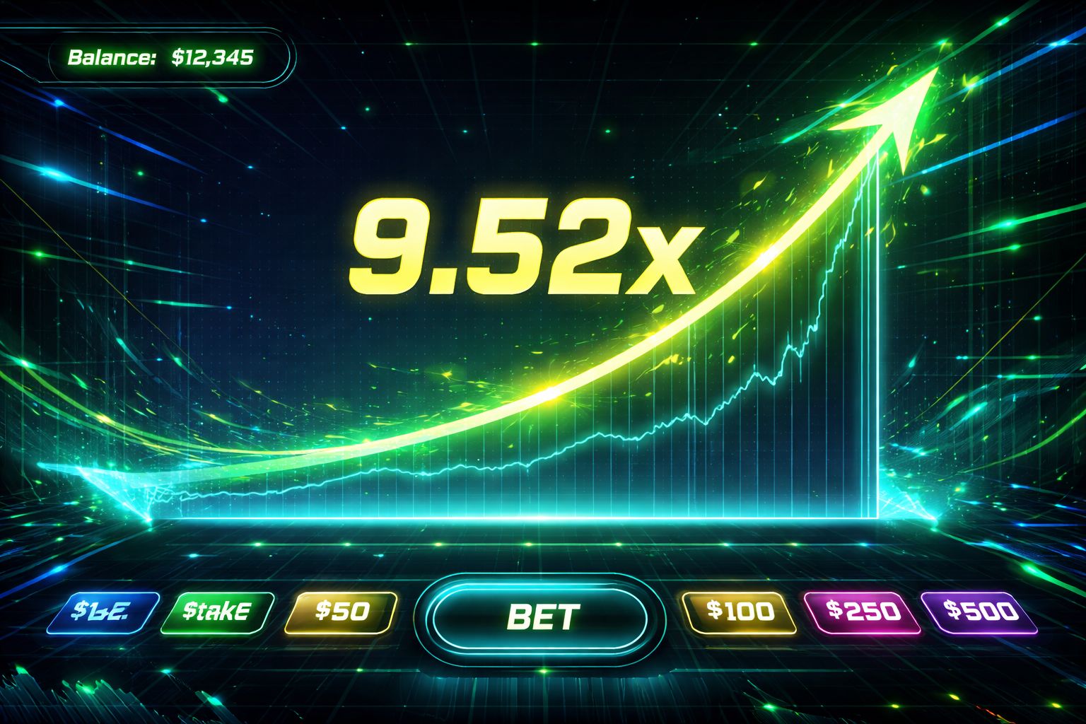 Una pantalla dinámica de juego multiplicador con gráficos ascendentes y luces neón intensas en la plataforma WINER.