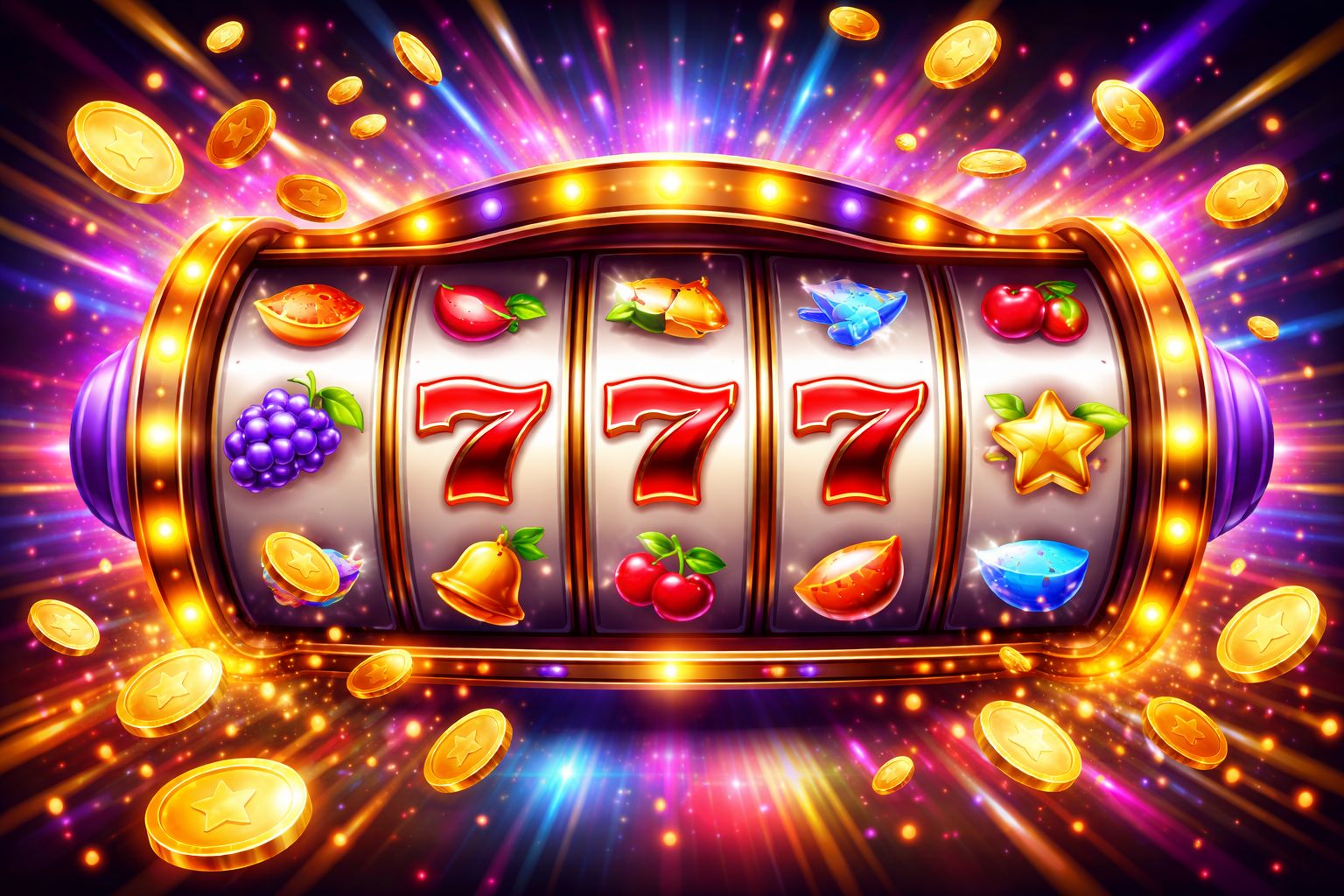 Una interfaz colorida estilo tragamonedas con carretes brillantes, monedas y efectos de celebración en la plataforma WINER.