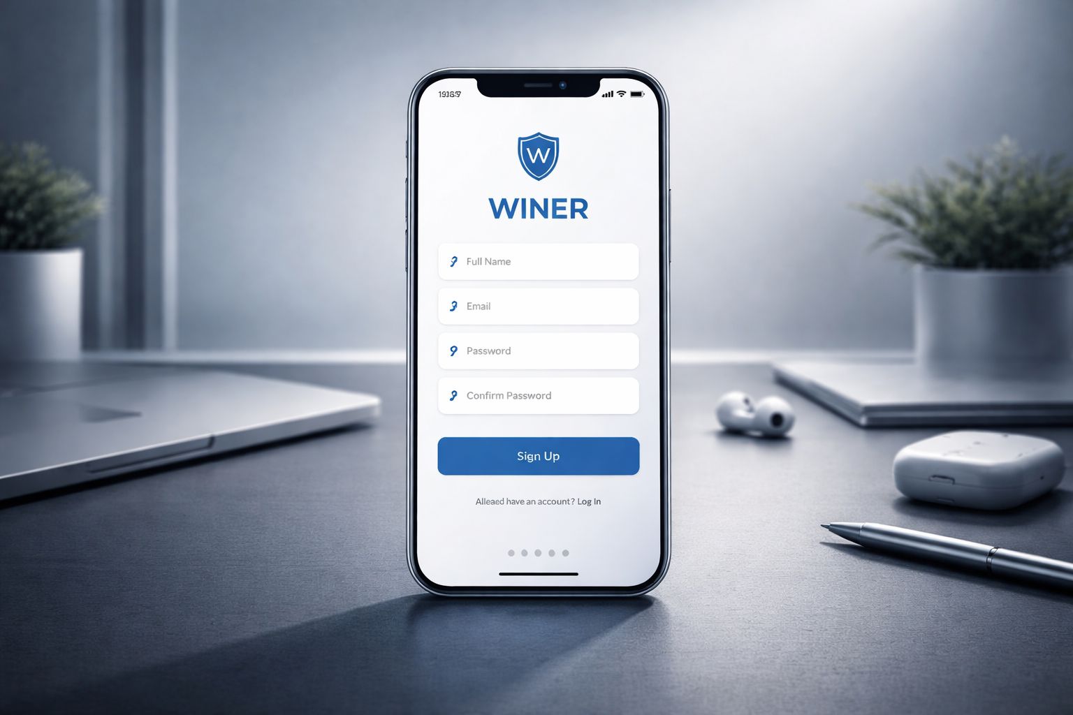 Una pantalla móvil elegante de registro para WINER mostrada en un smartphone con una interfaz limpia y detalles de registro seguros.